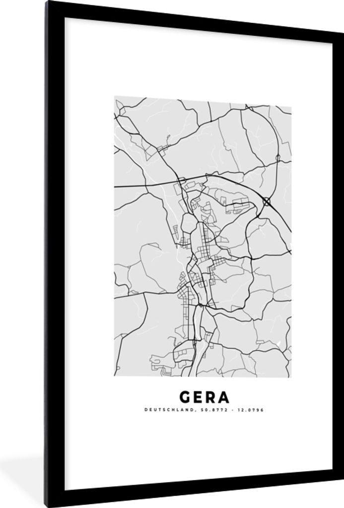 MuchoWow Gerahmtes Poster Karte - Gera - Deutschland - Stadtplan - Karte 60x90 cm - Poster mit Schwarzem Bilderrahmen Wandposter Rahmen Foto Bild...