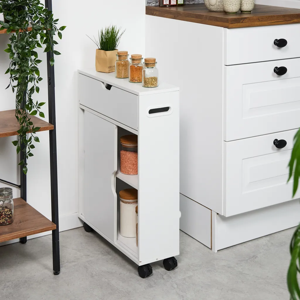 Meuble de Rangement Fin à Roulettes et Portes Coulissantes pour Cuisine