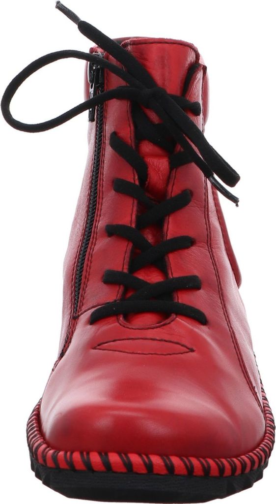 A front view of a red leather boot.