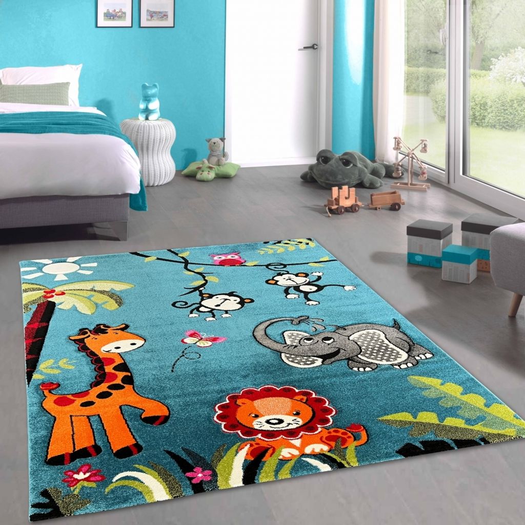 3D Kinderteppich mit Zootieren in blau Größe - 120 x 170 cm Produktbild 