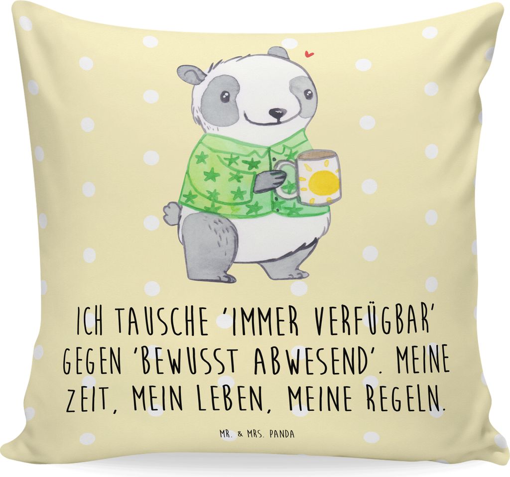 Mr. & Mrs. Panda Sofakissen Panda Burnout - Gelb Pastell - Geschenk, kuschelkissen 40x40, Deko Kissen, für sofa, Überlastung, Erschöpfung, Dekok...