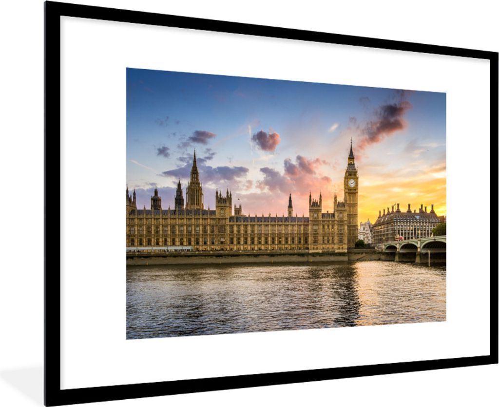 MuchoWow Gerahmtes Poster Sonnenuntergang hinter Big Ben in London 90x60 cm - Poster mit Schwarzem Bilderrahmen Wandposter Rahmen Foto Bilder - W...