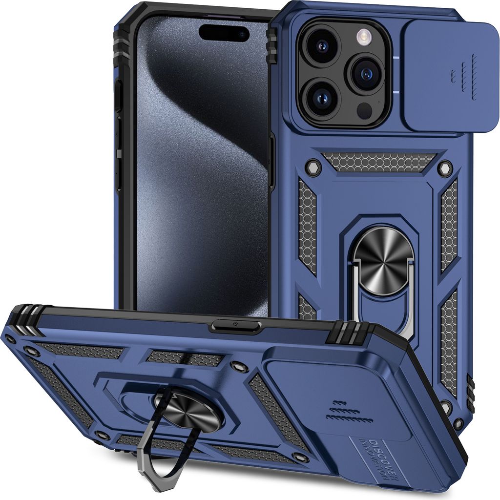 iPhone 15 Pro Max Hülle mit Schiebe Kamera Schutz und Ringhalter Ständer Robust Rüstung Schutzhülle für iPhone 15 Pro Max Blau