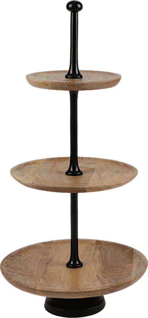 Etagere 3-stöckig Mangoholz mit Metallstange Ø28/23,5/17,5 cm Höhe 58 cm – stilvolle Holzetagere mit Metallstange für Obst Gebäck oder Deko,...