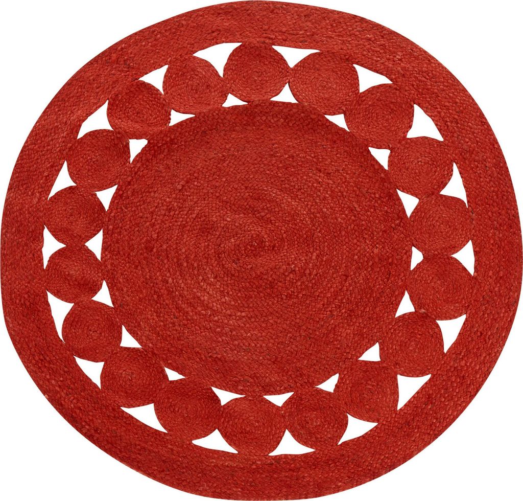 BELIANI Teppich Rot Jute Rund 120 cm Kurzflor Lochmuster mit Kreisen Handgewebt Boho für Fußbodenheizung Flur Eingang Wohnzimmer Esszimmer