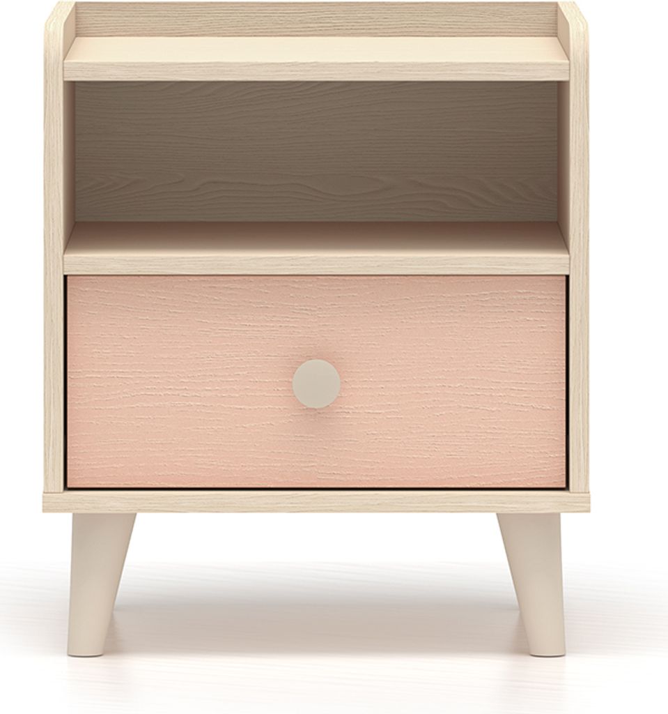 Nachttisch Alycia mit 1 Schublade, Beige - Korallenrosa - Holzoptikeffekt, 45cm