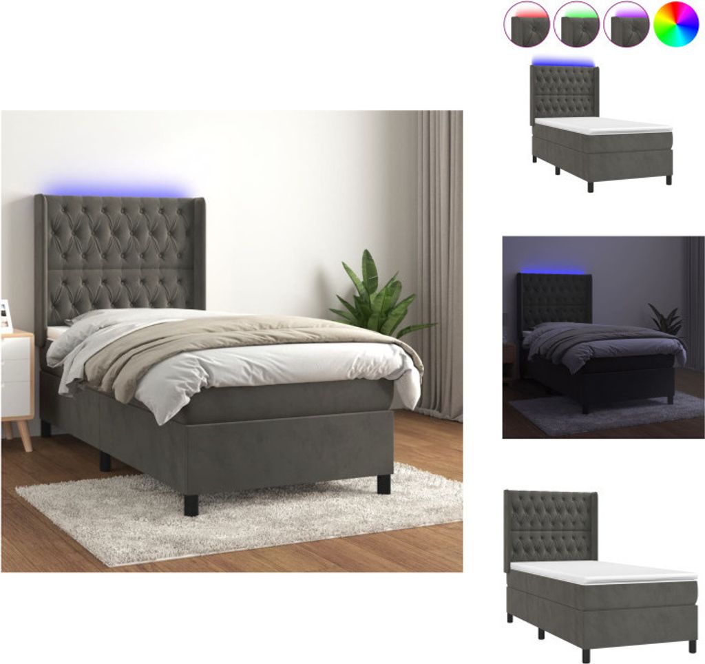 vidaXL Boxspringbett mit Matratze & LED Dunkelgrau 90x190 cm Samt - Betten & Bettgestelle