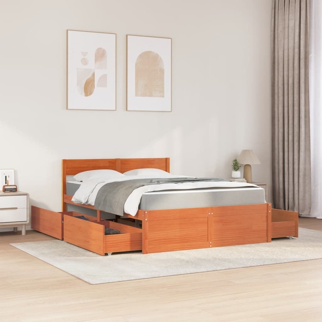 "Dezember-Aktion" Bett mit Schubladen und Matratze Wachsbraun 120x200 Massivholz - Klassische Betten LL262