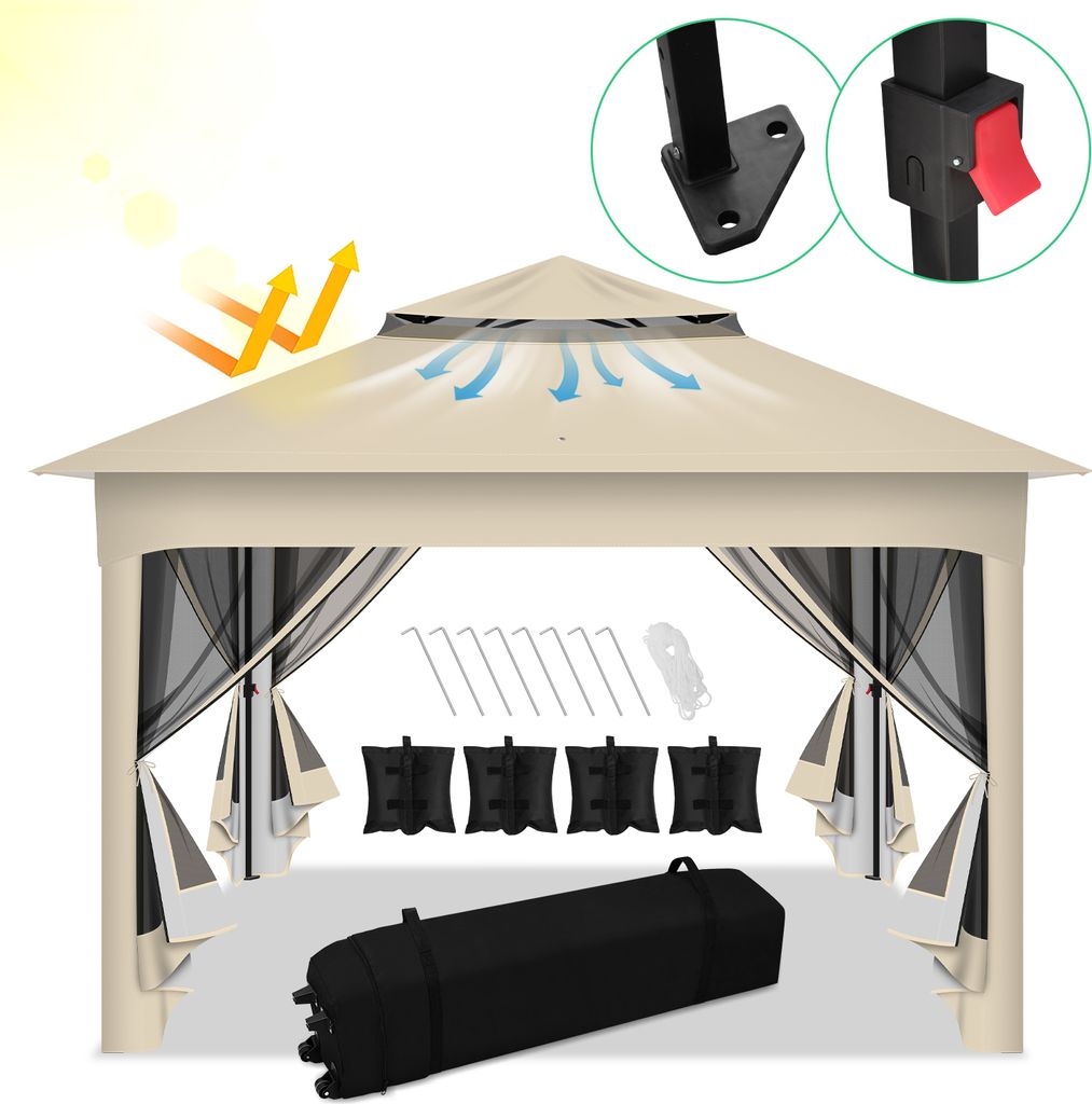 Clanmacy Pavillon Pop-up Faltpavillon 3.3x3.3x2.7M Sonnenschirm Pavillon mit Moskitonetz inkl Tragetasche inkl Pavillon Sandsäcke UV-Schutz Doppel...