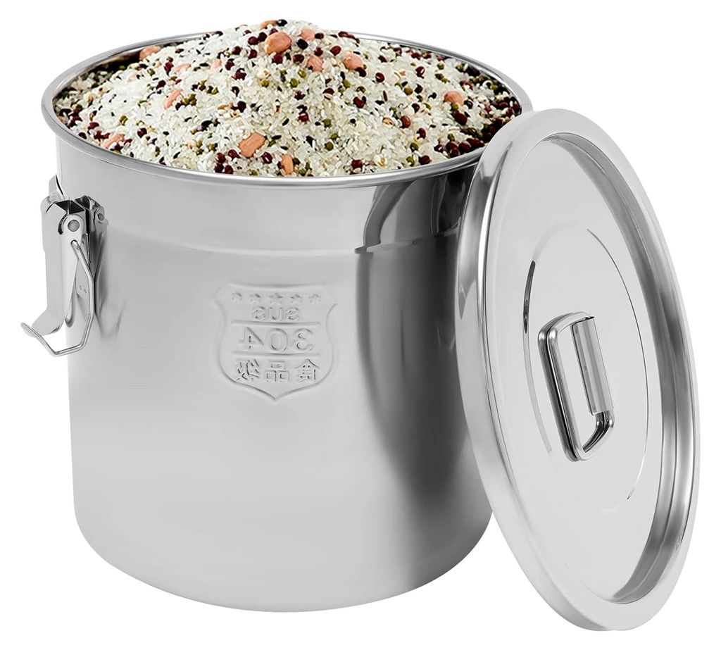 33L Luftdichter Edelstahl Getreidebehälter mit Klemme, Eimer mit Deckel, 304 edelstahl-reisvorratsbehälter für Mehl, Reis, Zucker