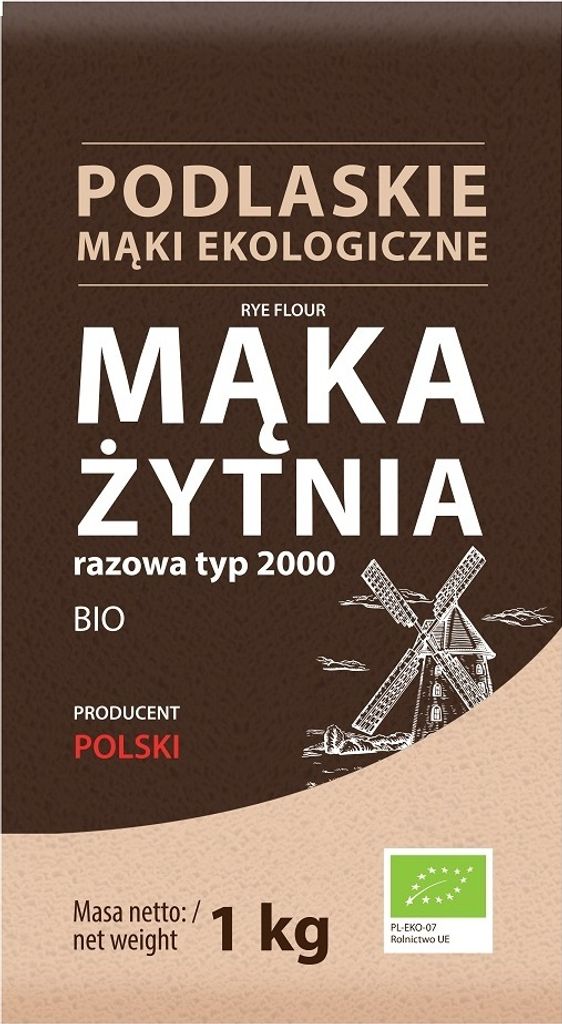 A close-up of a bag of rye flour with Polish text and a drawing of a windmill.