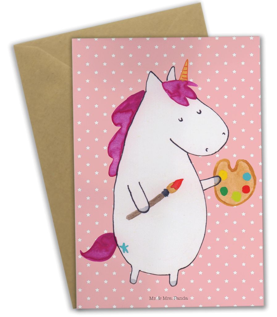 Mr. & Mrs. Panda Klappkarte Einhorn Künstler - Rot Pastell - Geschenk, osterkarten, Pinsel, Grußkarten, Welt, Unicorn, osterkarte, Einhörner, we...