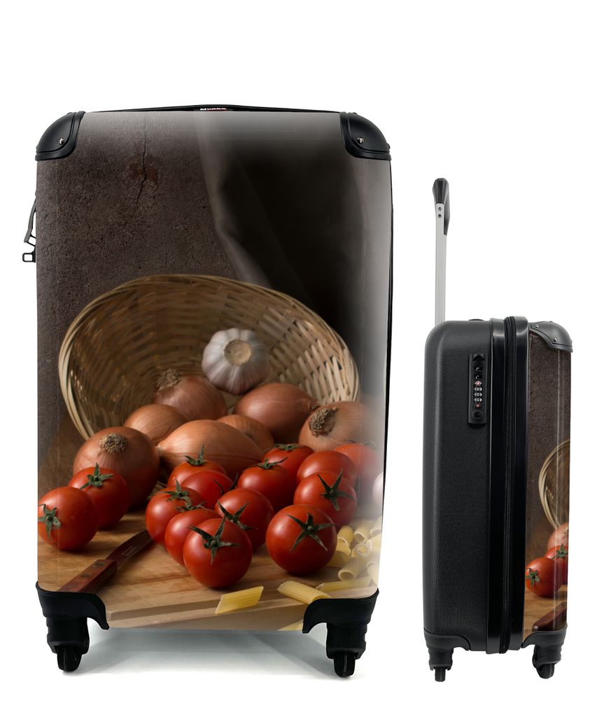 MuchoWow Koffer Handgepäck Trolley Rollkoffer Kleine Reisekoffer mit 4 Rollen - Schneidebrett - Gemüse - Stillleben - Pasta - Aus - Tomate - Sc...