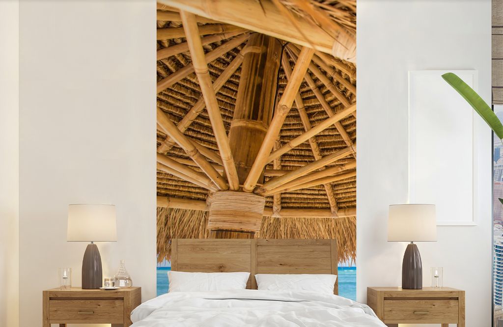 MuchoWow Fototapete für Wohnzimmer oder Schlafzimmer Wandtapete Vinyl Motivtapete Sonnenschirm - Strand - Meer - Tropisch - 120x240 cm - Hinterg...