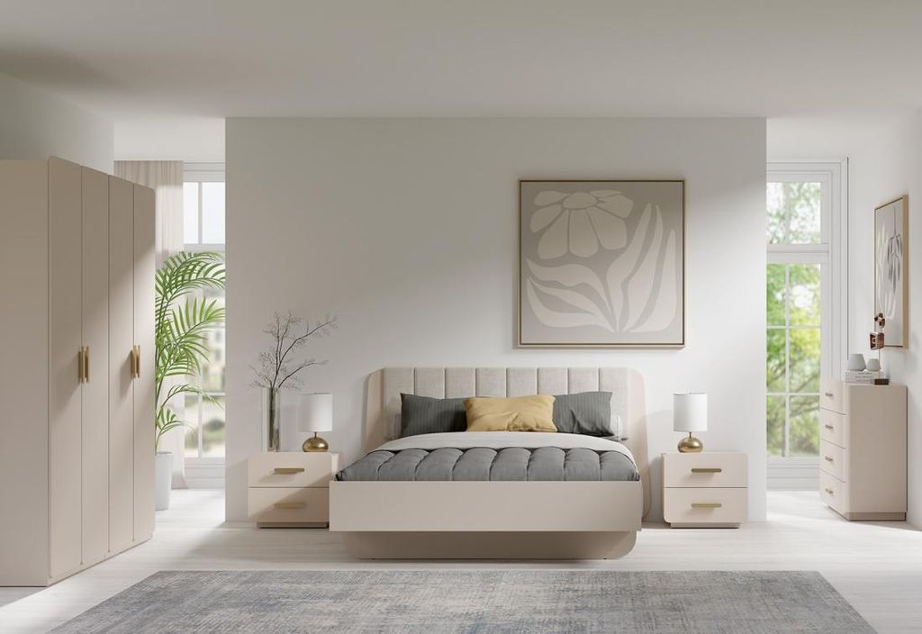vollständiges Schlafzimmer AMALIE, Bett 180x200 mit Lattenrost, Schrank mit Regalen, beiges Design-Schlafzimmer, Schlafzimmer-Set für Erwachsene,...
