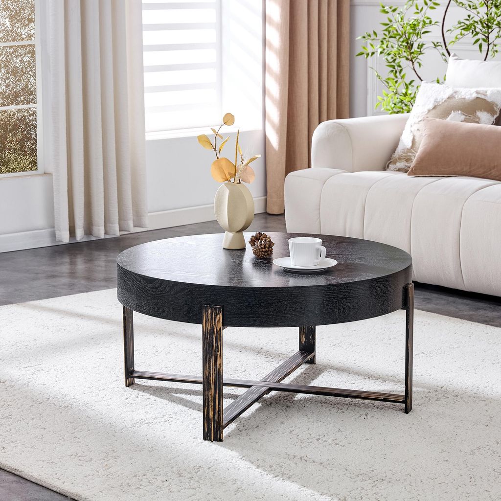 okwish Runder Couchtisch Tischplatte in schwarzer Holzoptik, Beistelltisch mit Metall-Kreuzgestell,Für Wohnzimmer,Schwarz