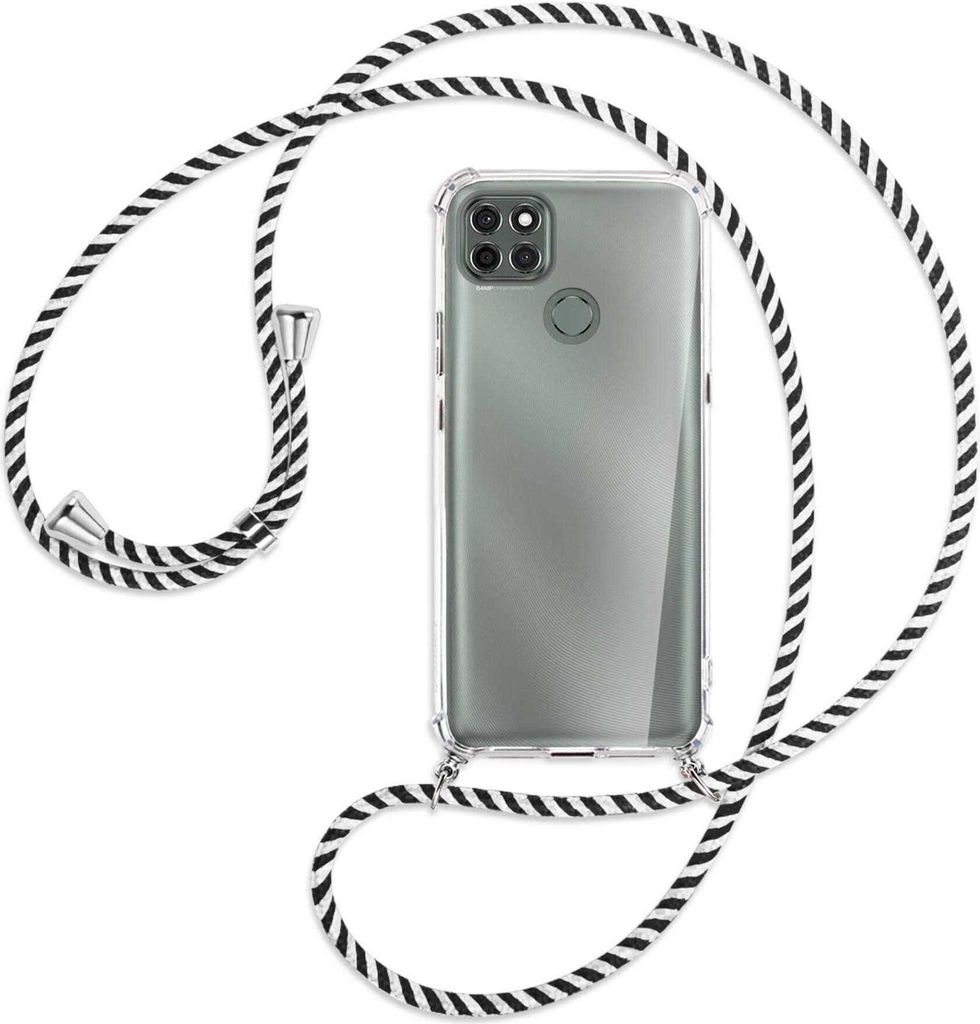 Handykette Backcover-Schutzhülle mit Band (Metall silberfarben) für Motorola Moto G9 Power - schwarz/weiß gestreift