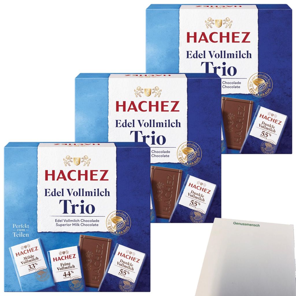Hachez Schokolade Täfelchen Edel Vollmilch Trio 3er Pack (3x150g Schachtel) + usy Block
