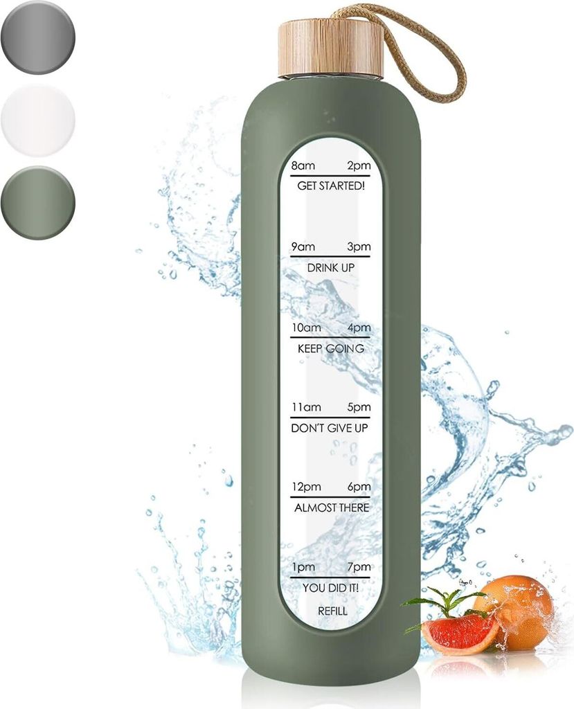 Trinkflasche Glas mit Zeitmarkierungen 1 Liter Produktbild 