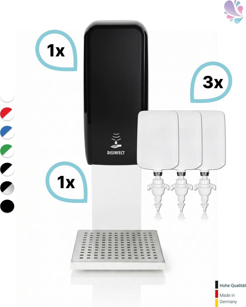 SET: Desinfektionsspender SENSOR Blanc Cosmos versch. Farben + Tischständer weiß +3x 1-Liter Hautdesinfektion : Farbe - Schwarz Farbe: Schwarz