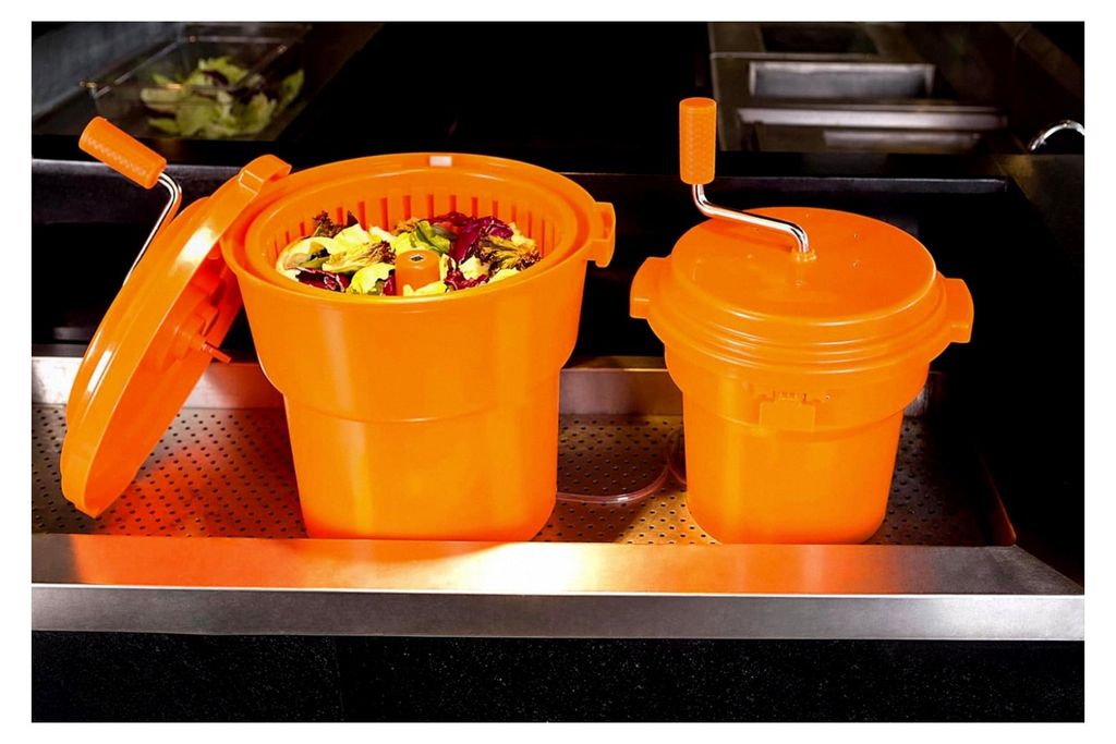 Salatschleuder | 25 Liter | Durchmesser: 44 cm | Höhe: 48 cm | abgedichtete Antriebswelle und Bremshebel | Farbe: Orange | für Gastronomie, Imbis...