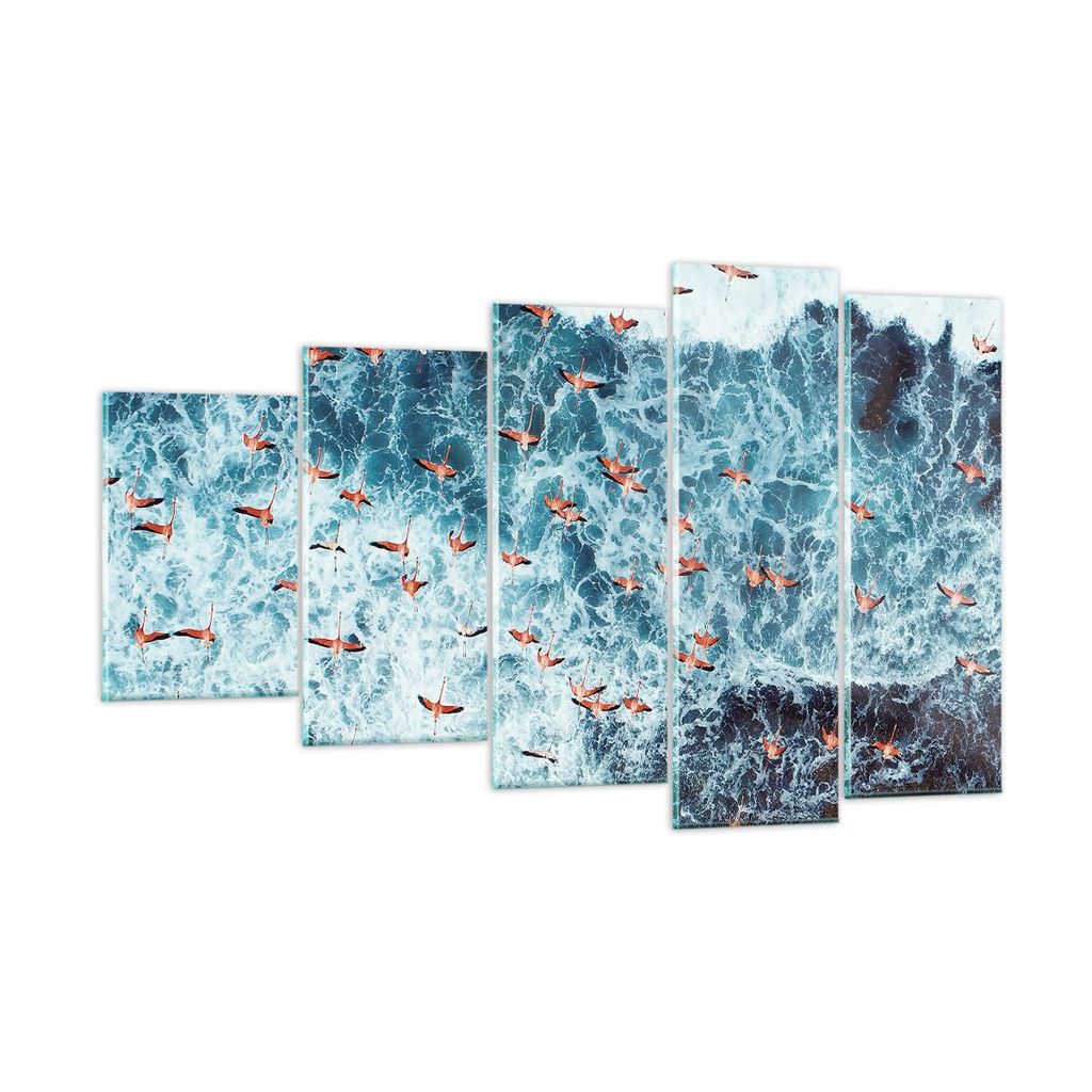 Bilder auf glas - 5 Teile - Flamingos Karibik Vögel - 100x60cm - Glasbilder - Wandbilder - Bilder - zum Aufhängen bereit - Wanddekoration aus Gla...