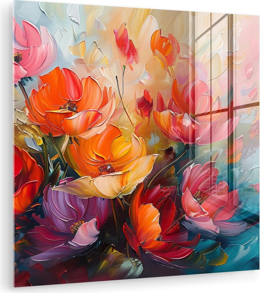 MuchoWow Glasbilder - Bilder auf Wandbild - Foto auf Glas Blumen - Bunt - Malerei - Abstrakt - Kunst 50x50 cm Wanddekoration aus Glas - Acrylglasbi...