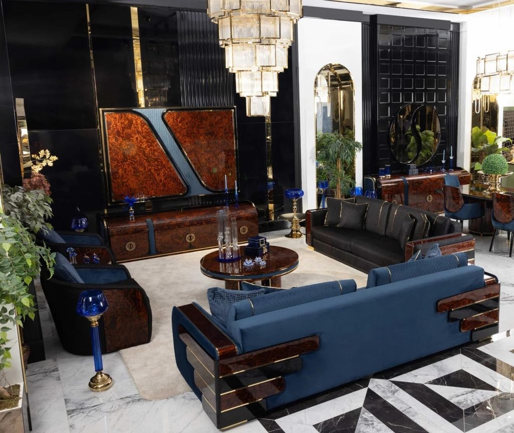 Braun-blaues Wohnzimmer-Set Sofas Sessel TV-Block Couchtisch 6 -tlg.