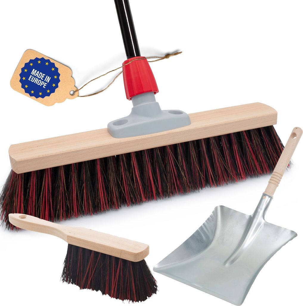 Novaliv Straßenbesen mit Stiel 40 cm Arenga-Elaston Borsten inkl. Kehrgarnitur schwarz bestehend aus Kehrblech und Handfeger Ideal als Gartenbesen...