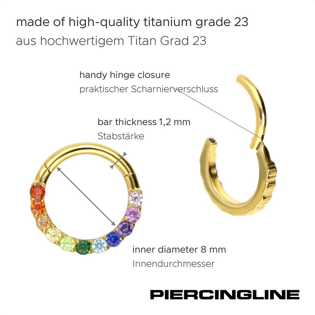 Ohrpiercing, Nasenpiercing, Septum Piercing Titan Segmentring Clicker EINGEFASSTE BUNTE KRISTALLE