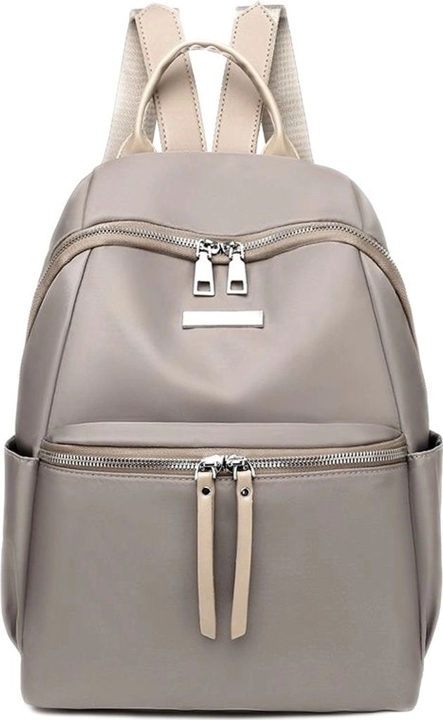 A gray backpack with beige accents is shown against a white background.