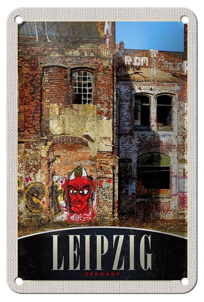 Blechschild Reise 12x18cm Leipzig Deutschland Gebäude Graffiti Schild