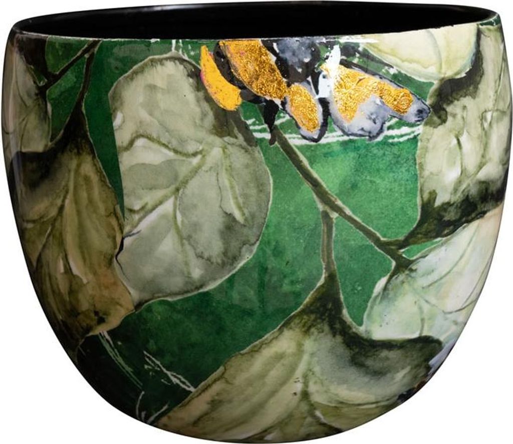 A close-up view of a decorative pot with a green background and a butterfly motif.
