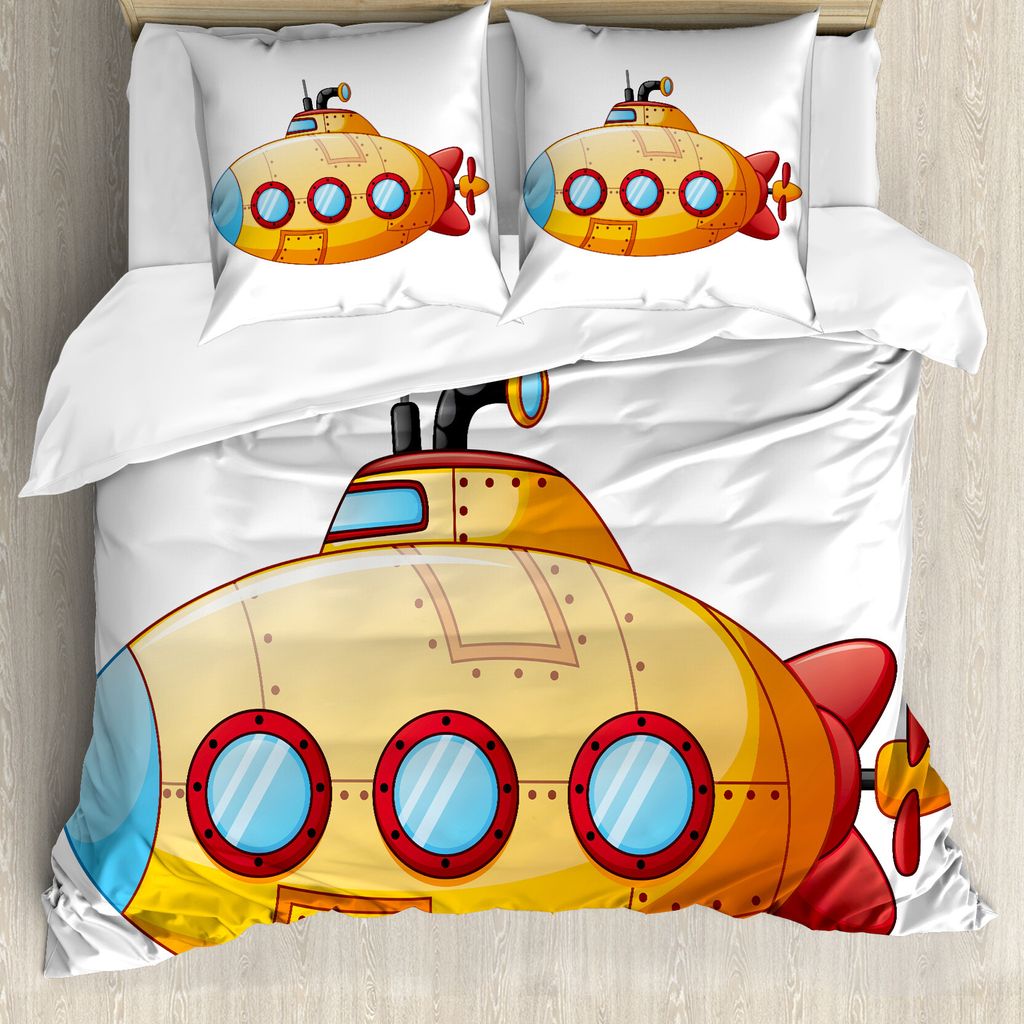 ABAKUHAUS Gelbes U-Boot Bettbezug, Sea Cartoon, Milbensicher Allergiker geeignet mit Kissenbezügen, 155 cm x 220 cm - 80 x 80 cm, Orange und Gelb