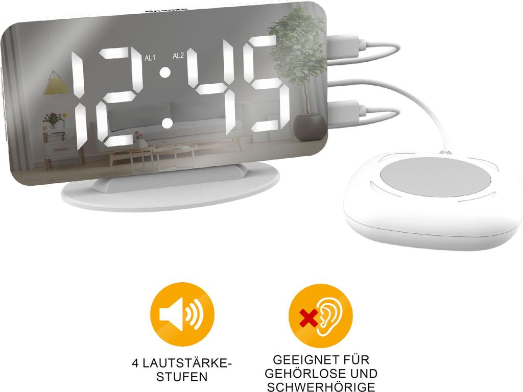 Miraval Spiegelwecker mit Vibrationskissen – 3 Weckmodi, Produktbild 