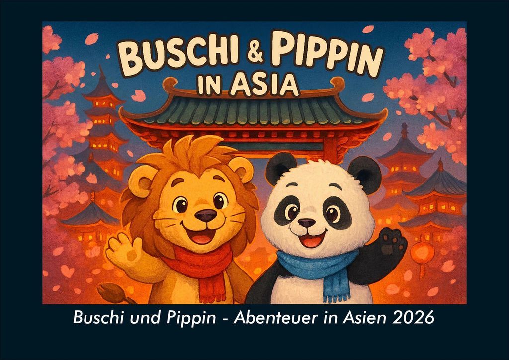 Buschi und Pippin - Abenteuer in Asien 2026 Fotokalender - Querformat DIN A4, Monatskalender mit Kinder-Motiven von Tieren, Reisen, Freundschaft un...