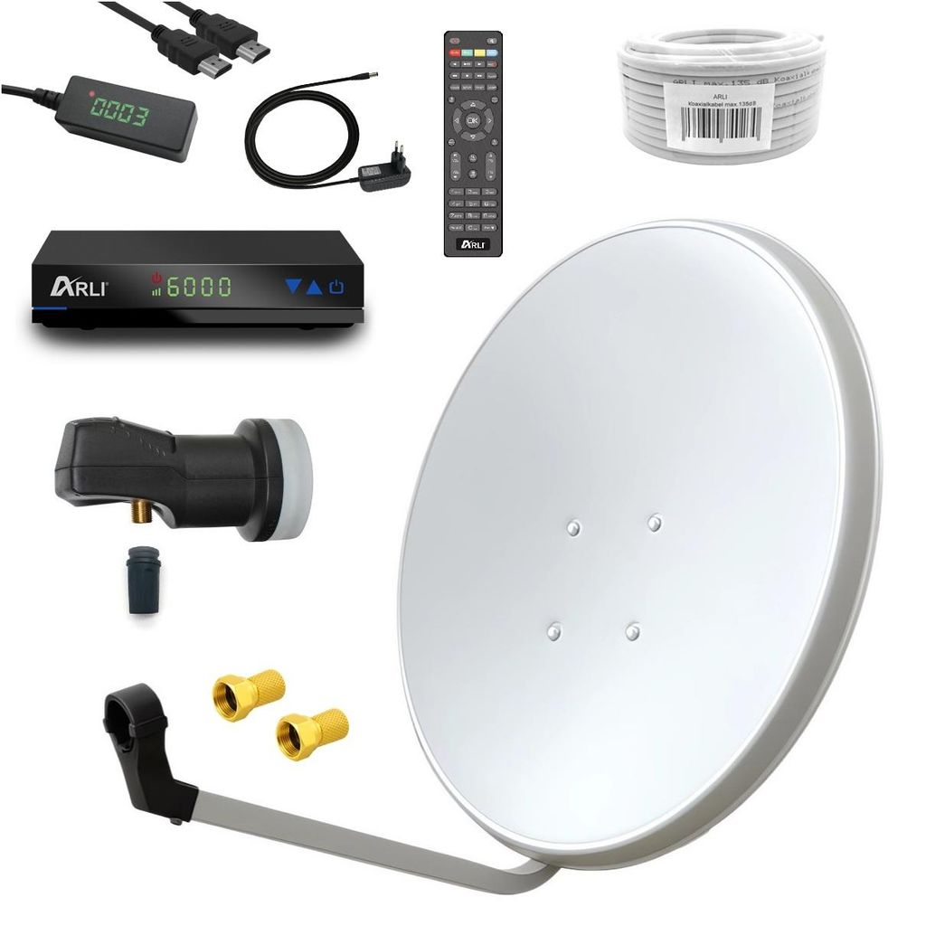 ARLI HD Sat Anlage 60 cm Weiß Komplettset mit Receiver LNB 10 m Kabel & F-Stecker – Satellitenschüssel für 1 Teilnehmer DVB-S2 Full HD