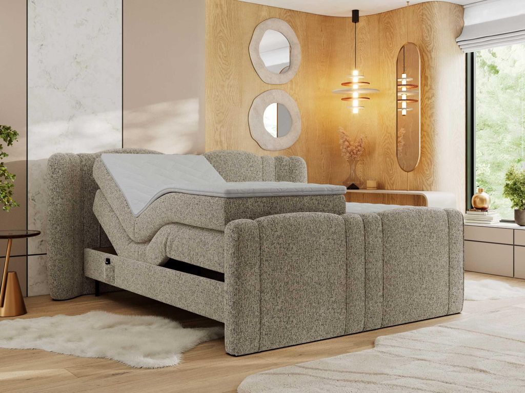 MKS MEBLE Boxspringbett mit motor FORTINA 180x200 cm elektrisch verstellbar 7-Zonen Multipocket Matratze Bettkasten Polsterbett - Dunkelbeige Struk...