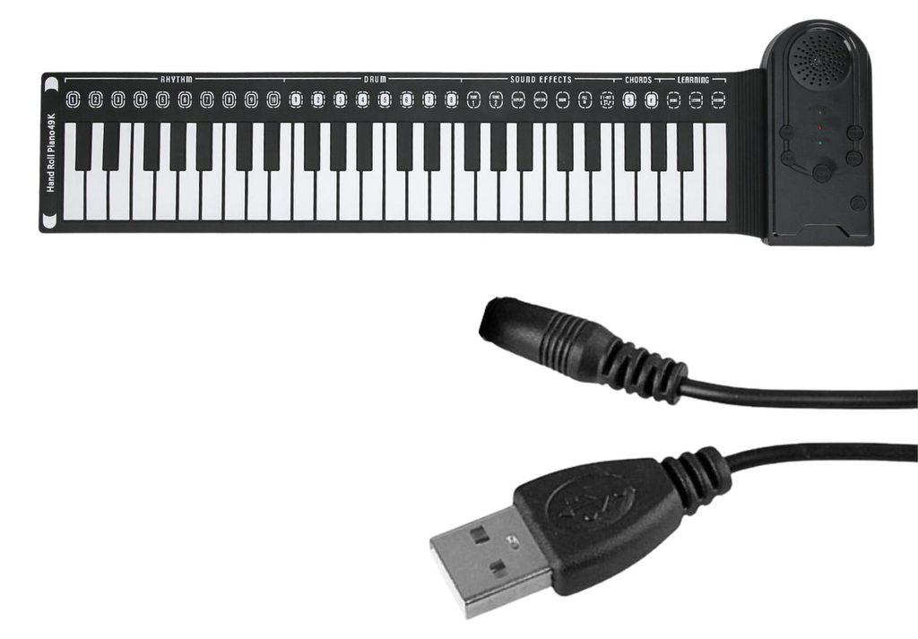Schwarzes 49-Tasten-Handrollpiano mit Bedienfeld und Lautsprecher, gezeigt mit einem schwarzen USB-Ladekabel