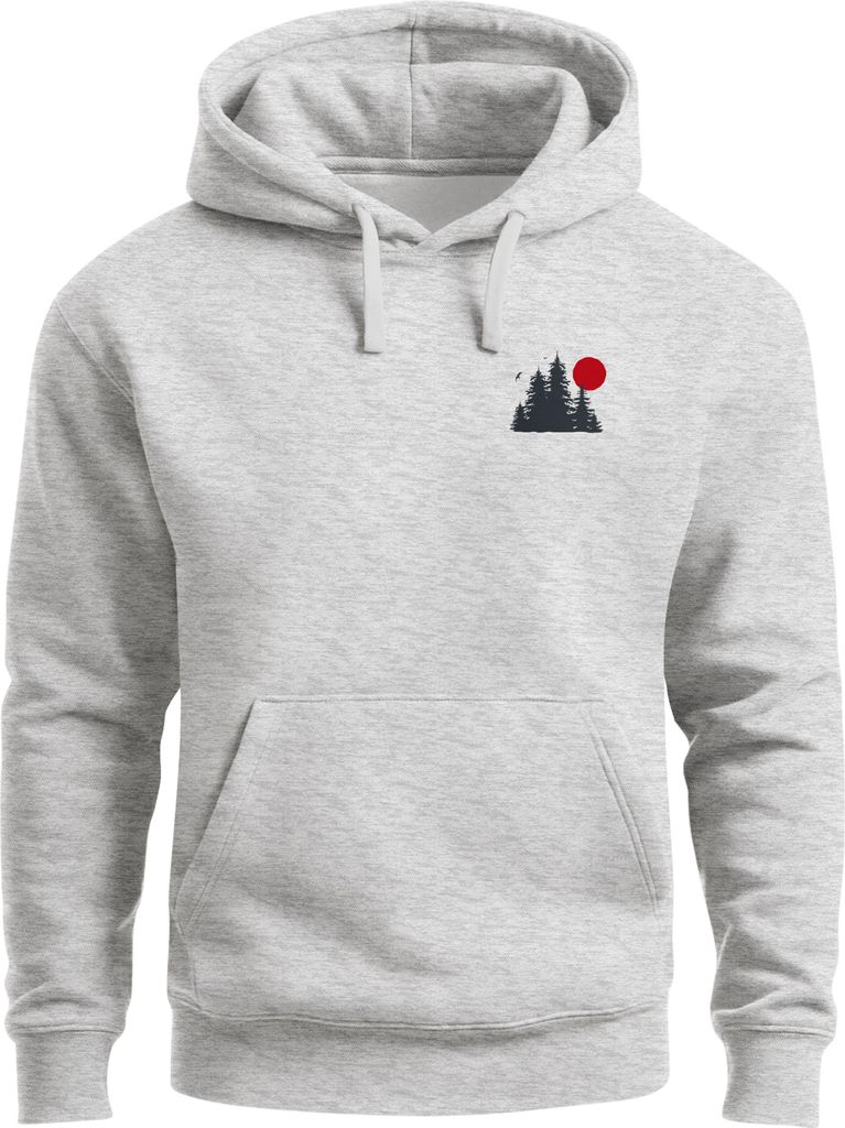 Herren Hoodie Red Sun Forest Design Kapuzensweatshirt Brustlogo Naturmotiv Fashion Streetstyle Neverless