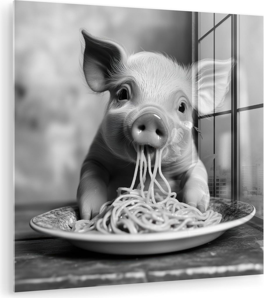 MuchoWow Glasbilder - Bilder auf Wandbild - Foto auf Glas Schwein - Niedlich - Spaghetti - Schwarz und weiß - Tier 50x50 cm Wanddekoration aus Gla...