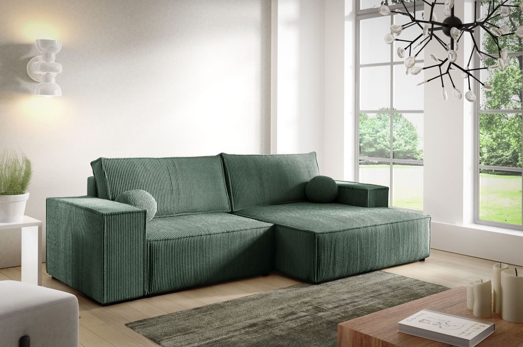 3 Sitzer Ecksofa in L-Form ANTONIO MINI NOVU, Ottomane rechts/links, Schlaffunktion & Bettkästen, Eckarniutur, Cordbezug in Grün
