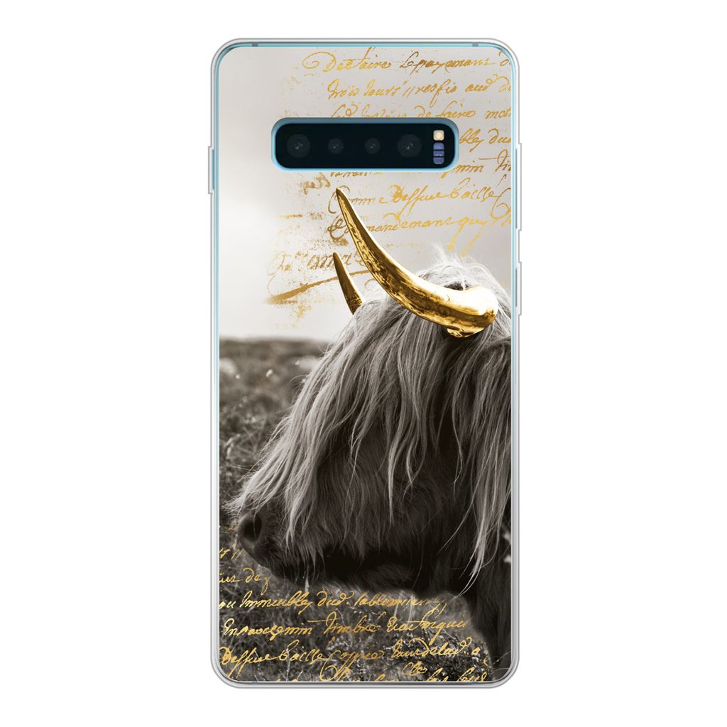 MuchoWow Handyhülle Schutzhülle Hülle für Samsung Galaxy S10 Plus Schottischer Highlander - Gold - Hoorn Silikon Softcase Handy Hülle - Schu...