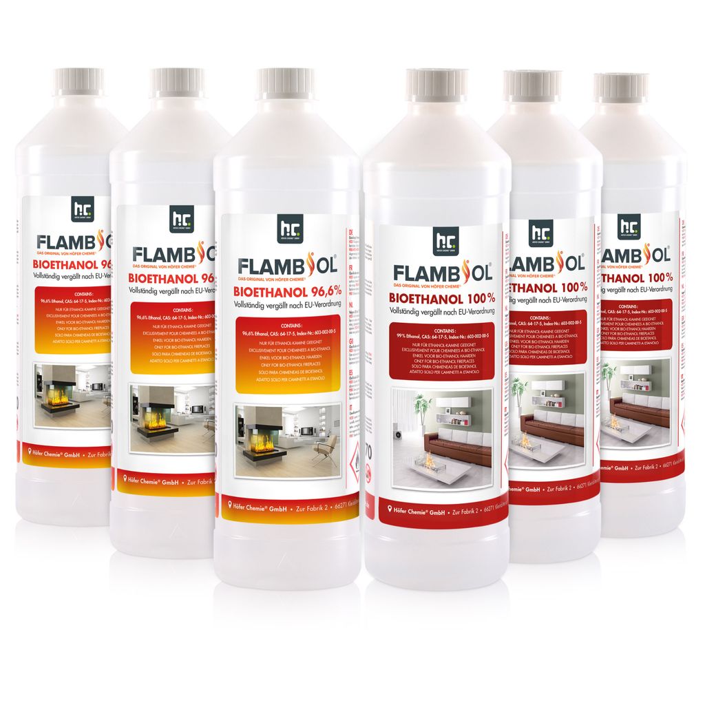 FLAMBIOL Probierset 3x 1 L Bioethanol 96,6% + 3x 1 L Bioethanol 100%