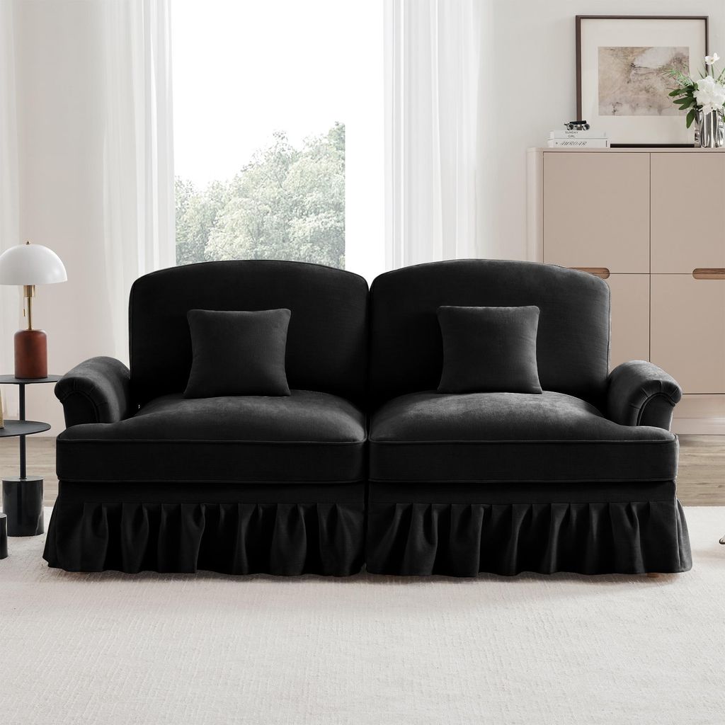 Sweiko Elegantes, großes 2-Sitzer Sofa im mittelalterlich-modernen Stil, mit flared Armlehnen, abnehmbarem Volant und Holzbeinen – Bequemer Chen...