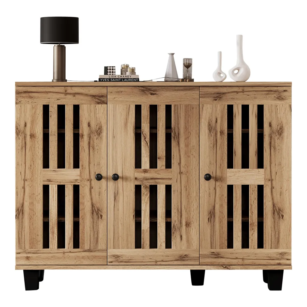 Buffet bois naturel 8 compartiments avec portes ajourées style moderne