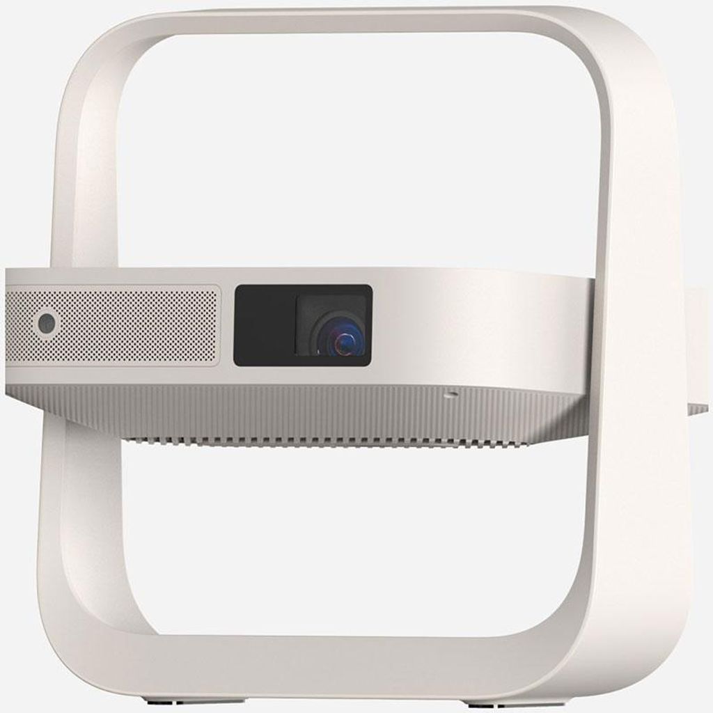 A white DLP projector with a handle, shown from a side-angle.