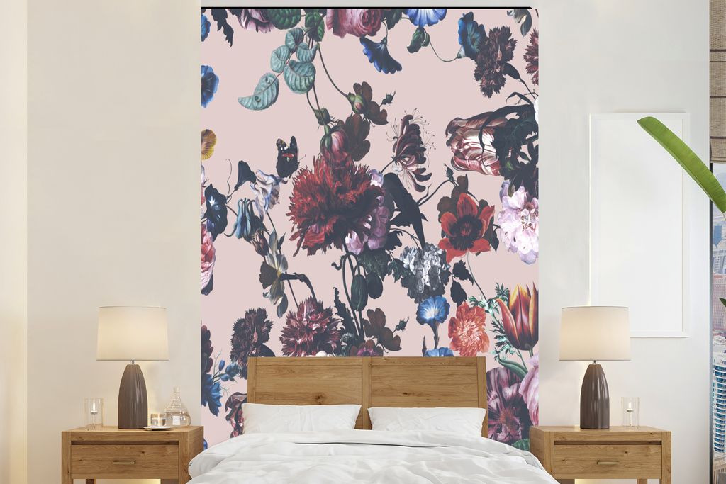 MuchoWow Fototapete für Wohnzimmer oder Schlafzimmer Wandtapete Vinyl Motivtapete Blumen - Muster - Vintage - 170x260 cm - Wohnzimmertapete