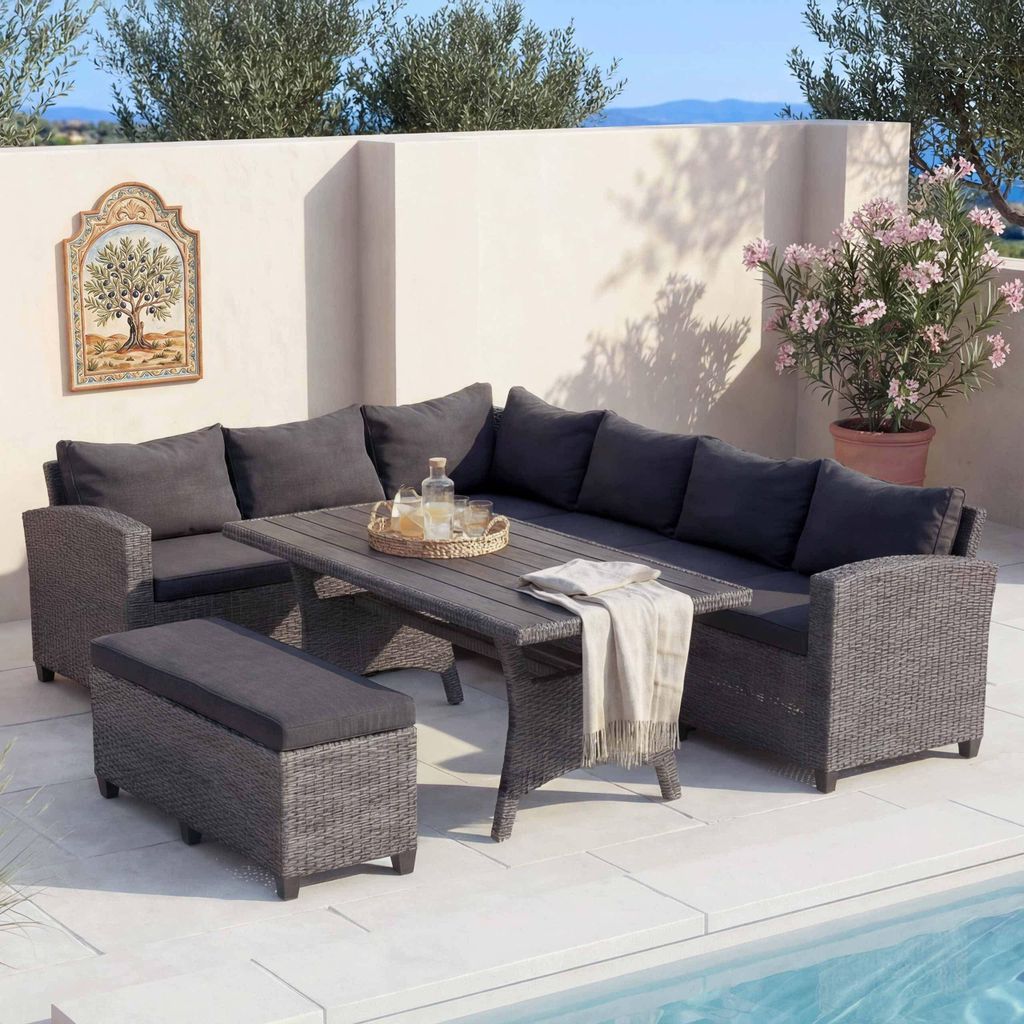 Poly Rattan Garnitur MCW-E96, Garten-/Lounge-Set Sitzgruppe, Spun Poly halbrundes Rattan grau, Kissen anthrazit