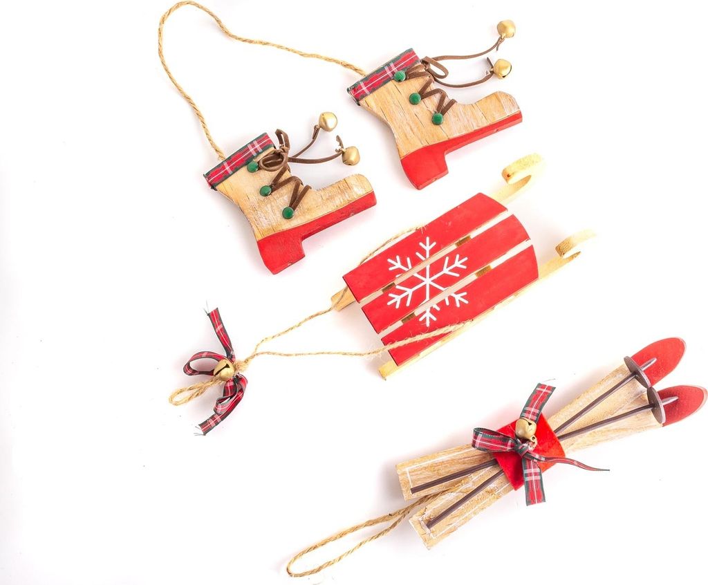 Christbaumschmuck aus Holz 3er Set Schlitten, Skier und Stiefel